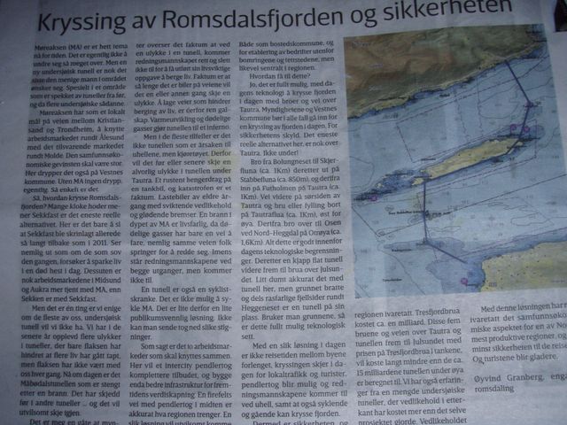 Forslag til kryssing av Romsdalsfjorden med broer via Tautra. Bilde fra Vestnesavisa.